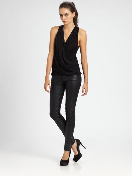 Alice + Olivia Wrapfront Drape Top in Black - Lyst