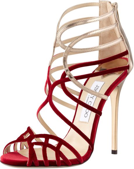 Jimmy Choo Maury Velvet Leather Sandal in Red - Lyst