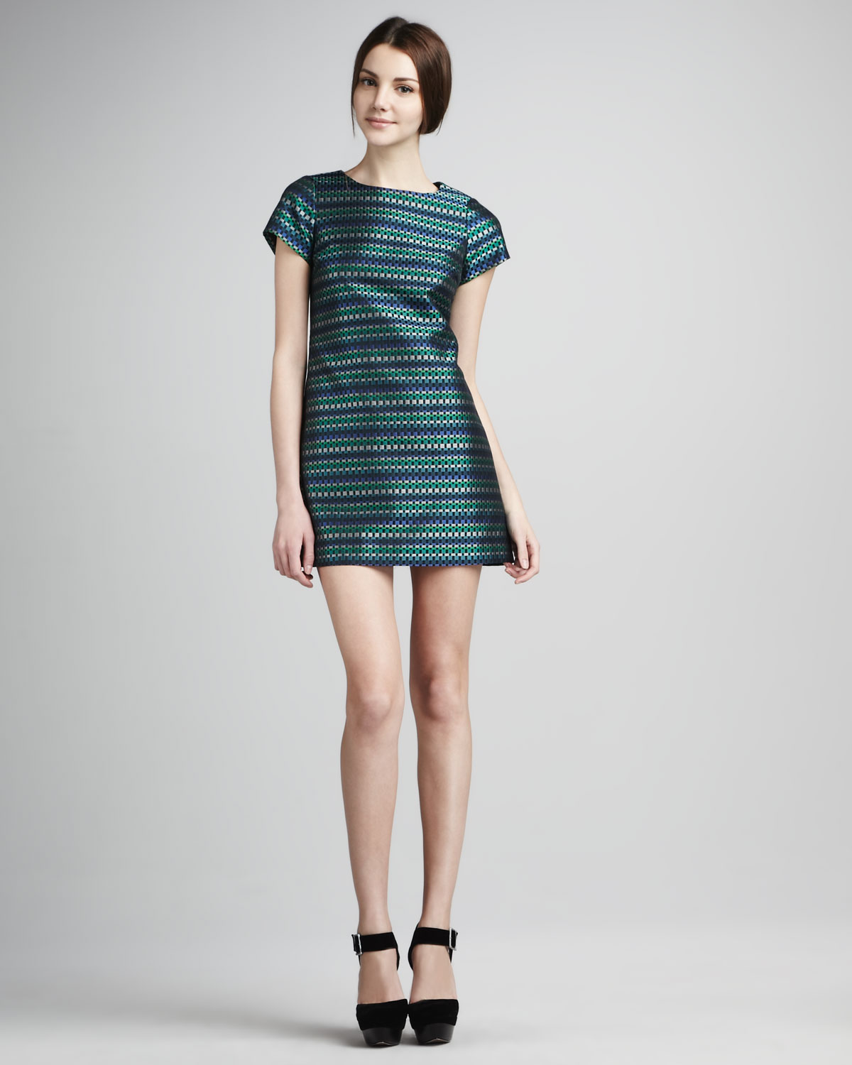 Shoshanna Julia Short Sleeve Shift Dress in Blue (emerald multi) | Lyst