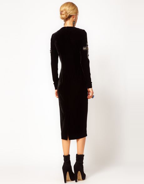 Asos Velvet Midi Dress with Embellished Cross in Black | Lyst