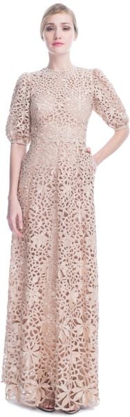 Valentino Tulle Illusione Short Sleeve Embroidered Gown in Beige (poudre) - Lyst
