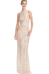 Elie Saab Vanilla Lace Embroidered High Neck Long Column Dress