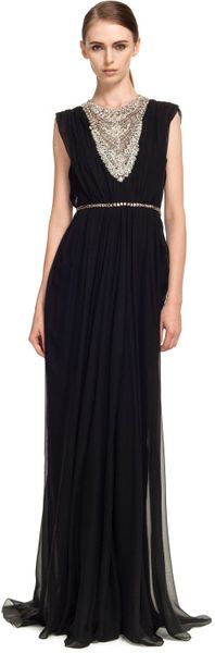 Marchesa Embroidered Chiffon Gown with Crystal Necklace in Black - Lyst