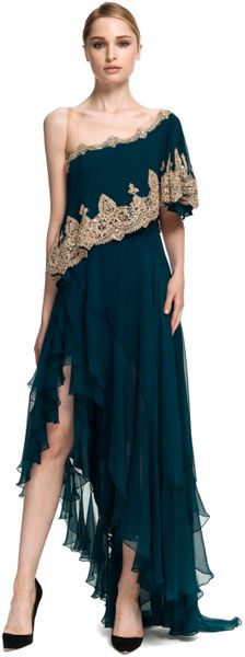 Marchesa Oneshoulder Chiffon Gown with Asymmetric Hem in Gold (peacock) - Lyst