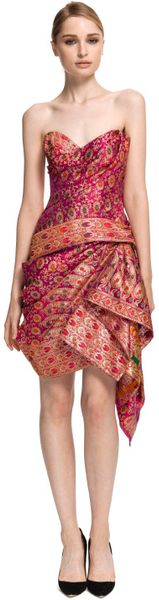 Marchesa Strapless Sari Cocktail Dress in Pink (pink/multi) - Lyst
