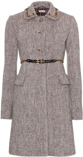 Miu Miu Wool Coat with Embellished Collar in Gray (ebano) - Lyst