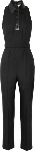 Yves Saint Laurent Leathertrimmed Woolpiqué Jumpsuit - Lyst