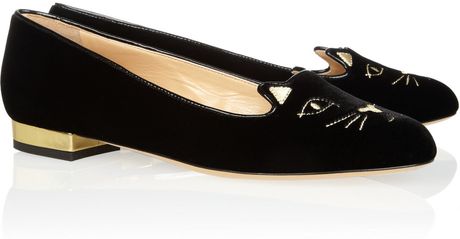 Charlotte Olympia Kitty Embroidered Velvet Flats in Black (gold) - Lyst
