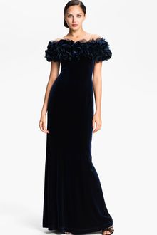 Tadashi Shoji Off The Shoulder Ruffle Velvet Gown - Lyst