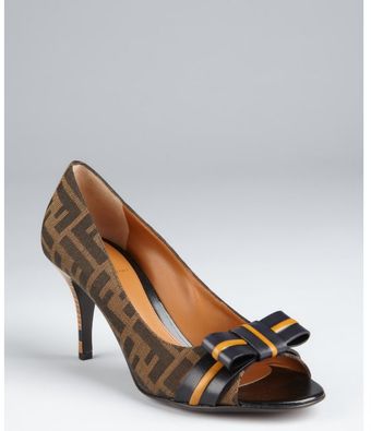 Fendi Tobacco and Black Zucca Canvas Bow Detail Open Toe Pumps - Lyst