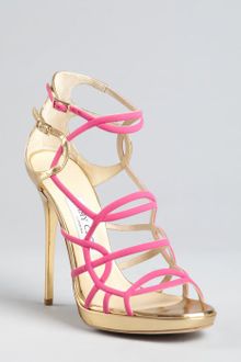 Jimmy Choo Hot Pink and Gold Leather Bunting Caged Sandals - Lyst