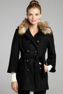 Laundry By Shelli Segal Black Boiled Stretch Wool and Faux Fur Collar Belted Coat - Lyst