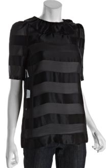 Marc By Marc Jacobs Black Tonal Stripe Silk Bellini Ruffle Short Sleeve Blouse - Lyst