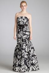 Ml Monique Lhuillier Black and White Rose Printed Cottonsilk Strapless Evening Gown