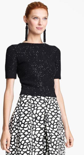 Oscar de la Renta Jewel Neck Sequin Pullover - Lyst