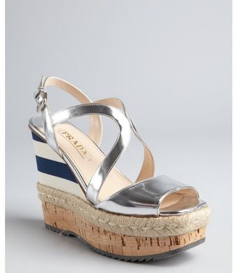 Prada Silver Mirrored Leather Espadrille Cork Wedges - Lyst