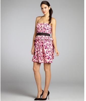Vera Wang Lavender Fuchsia Poppy Print Cotton Twill Strapless Belted Peplum Dress - Lyst