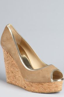 Jimmy Choo Caramel and Gold Suede Peep Toe Papina Cork Platform Wedges - Lyst