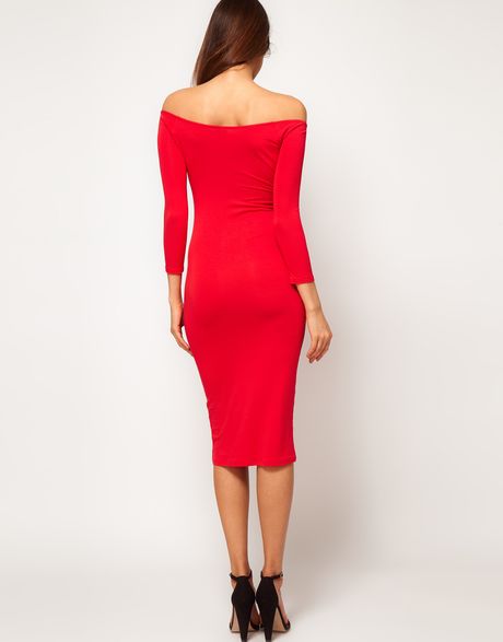 Asos Off Shoulder Midi Dress in Red | Lyst