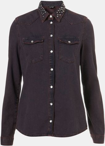 Topshop Moto Madison Stud Collar Denim Shirt - Lyst