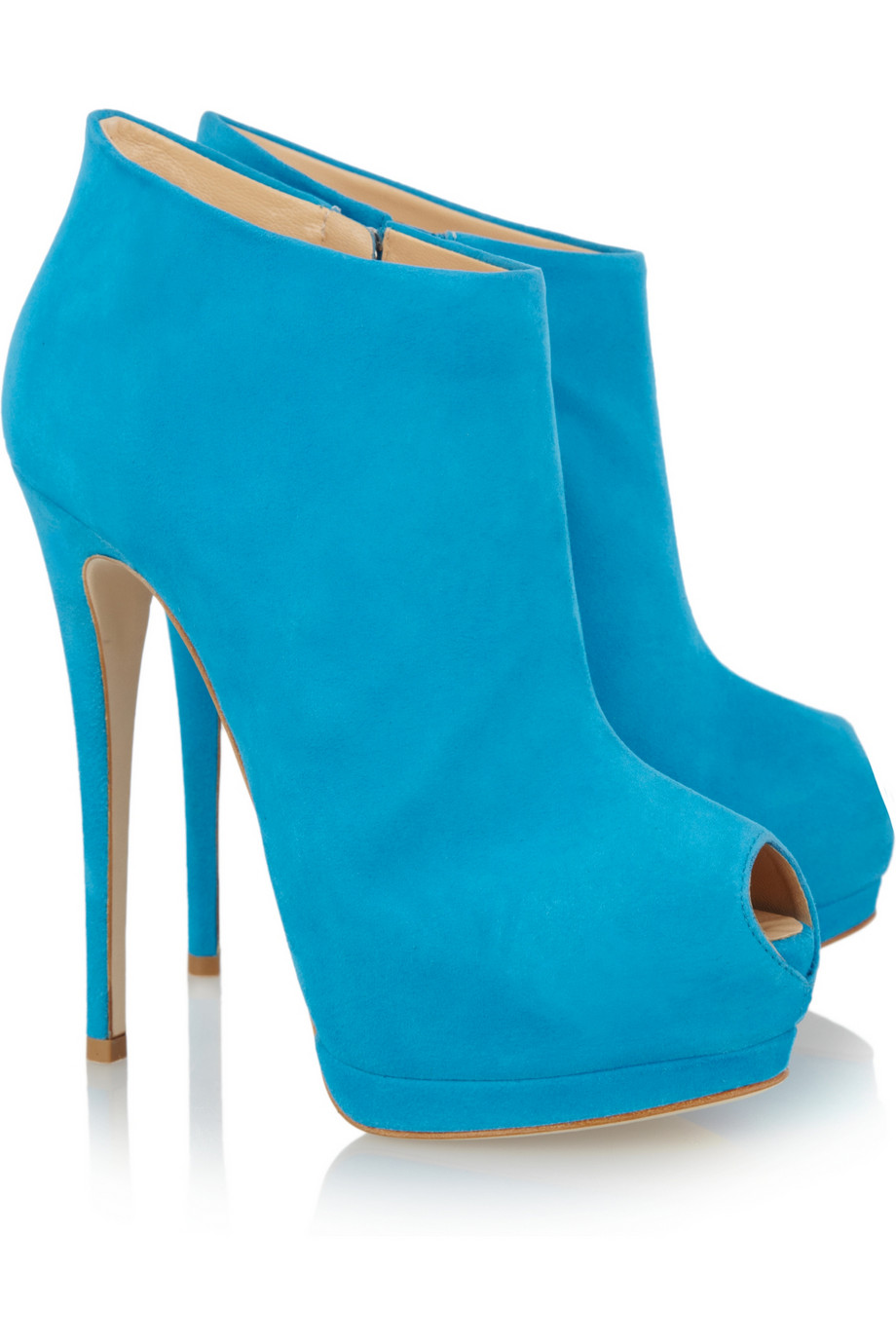 Bright blue suede peep toe ankle boots 