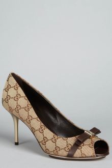 Gucci Beige Gg Canvas Peep Toe Bow Pumps - Lyst