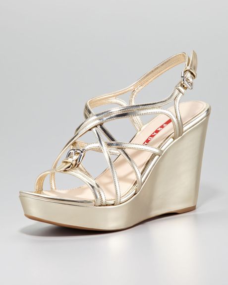 Prada Metallic Strappy Wedge Sandal In Gold Lyst 1951