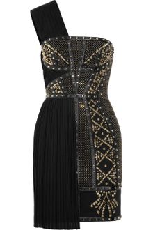 Versace Leather Trimmed Studded Plissé and Scuba Jersey Dress - Lyst
