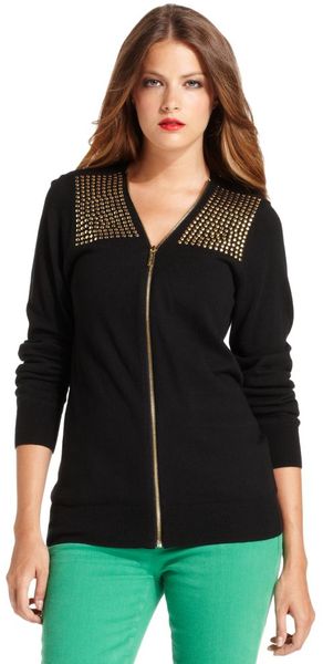Michael Kors Long Sleeve Studded Zip Front Sweater - Lyst