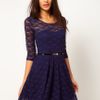 Asos Lace Skater Dress with 34 Sleeves and Belt in Blue (navy) - Lyst