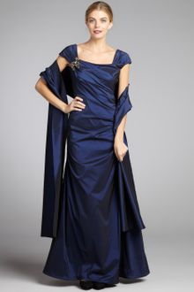 Tadashi Shoji Midnight Taffeta Woven Square Neck Ruched Gown - Lyst