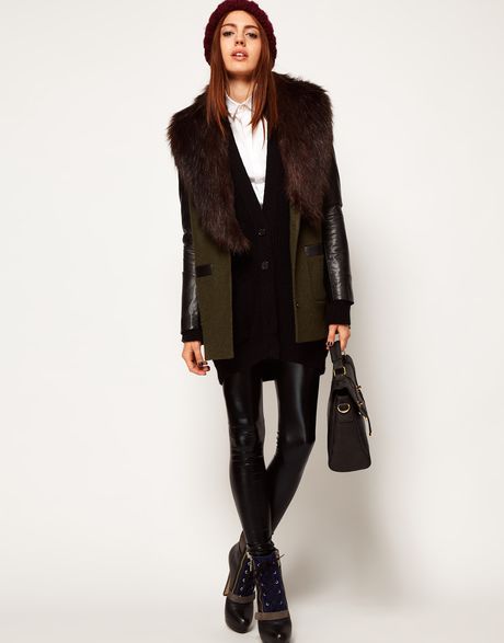 Asos Collection Asos Fur Trim Coat with Pu Sleeve in Khaki | Lyst