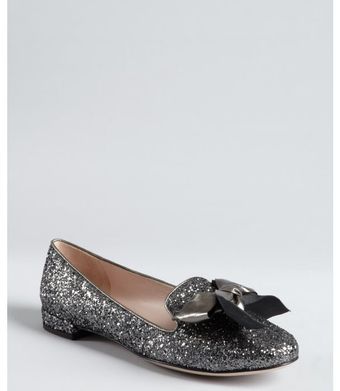 Miu Miu Steel Glitter and Leather Bow Slipon Loafers - Lyst