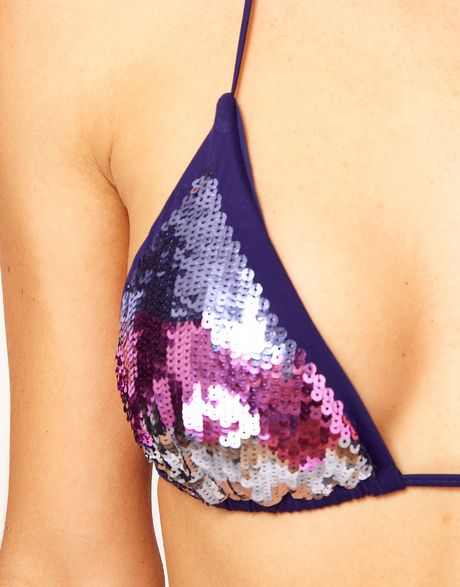 Asos Asos Sequin Embellished Triangle Bikini Top In Purple