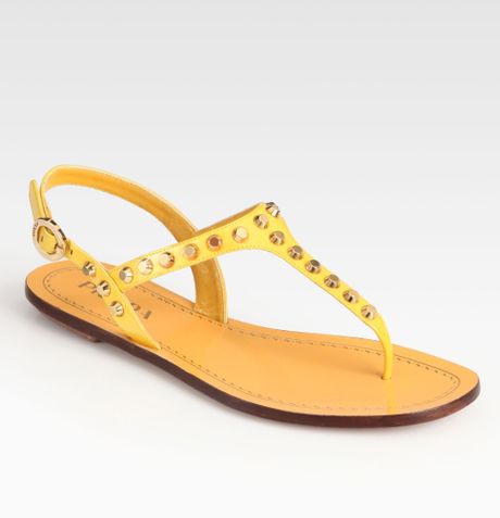 Prada Studded Patent Leather Sandals in Yellow | Lyst
