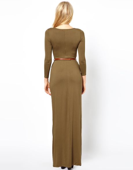 Asos Petite Exclusive Long Sleeve Maxi Dress with Belt in Green (khaki ...