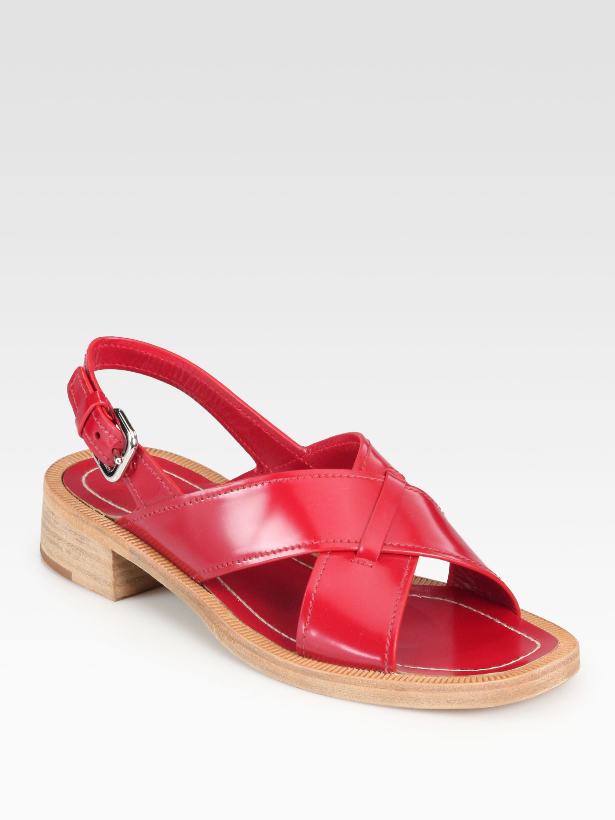 Prada Leather Crisscross Slingback Sandals In Red Lyst 7597