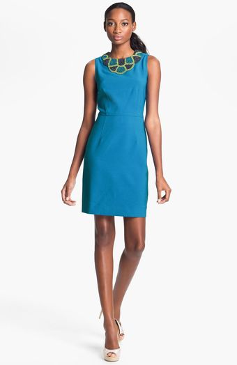 Taylor Dresses Beaded Neck Crepe Sheath Dress - Lyst
