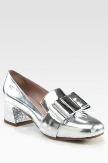 Miu Miu Metallic Leather Bow Glitter Heel Loafer Pumps - Lyst