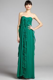 Badgley Mischka Emerald Satin and Silk Chiffon Strapless Ruffle Gown - Lyst
