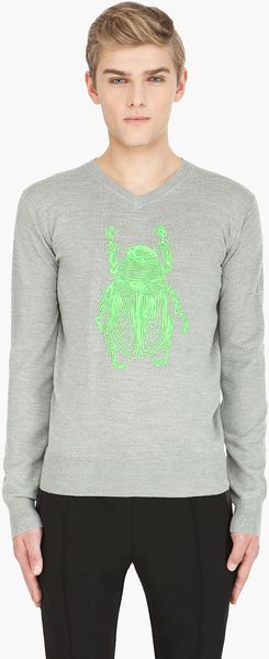 Markus Lupfer Grey Neon Green Bug Sweater - Lyst