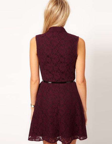 Oasis Contrast Lace Fit Flare Dress in Purple (plum)