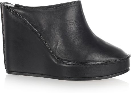 black leather wedge mules