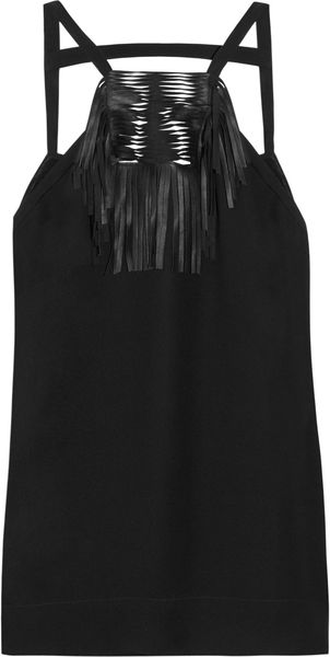 Maje Largo Leatherfringed Silkcrepe Camisole in Black - Lyst