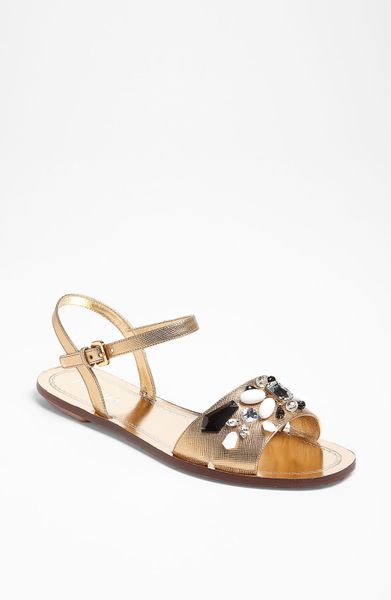 Prada Beaded Strap Flat Sandal in Gold | Lyst