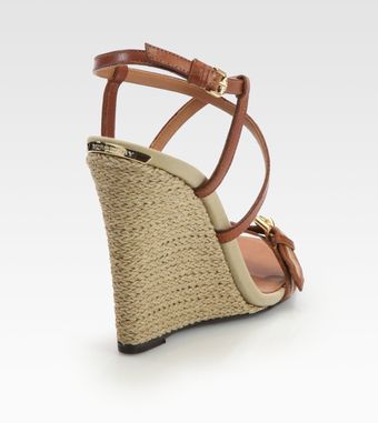 Burberry Wyatt Leather Canvas Raffia Wedge Sandals - Lyst