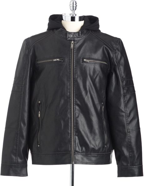 Guess Hooded Faux Leather Motorcycle Jacket In Black For Men Lyst 