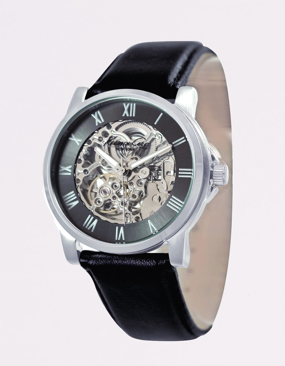 Cole Mens Skeleton Dial Automatic Watch With Black Leather
