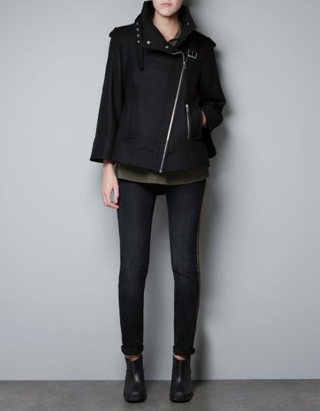 Zara Cape Coat with Buckles in Black | Lyst