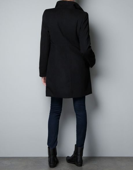 Zara Double Breasted Wool Coat in Black | Lyst